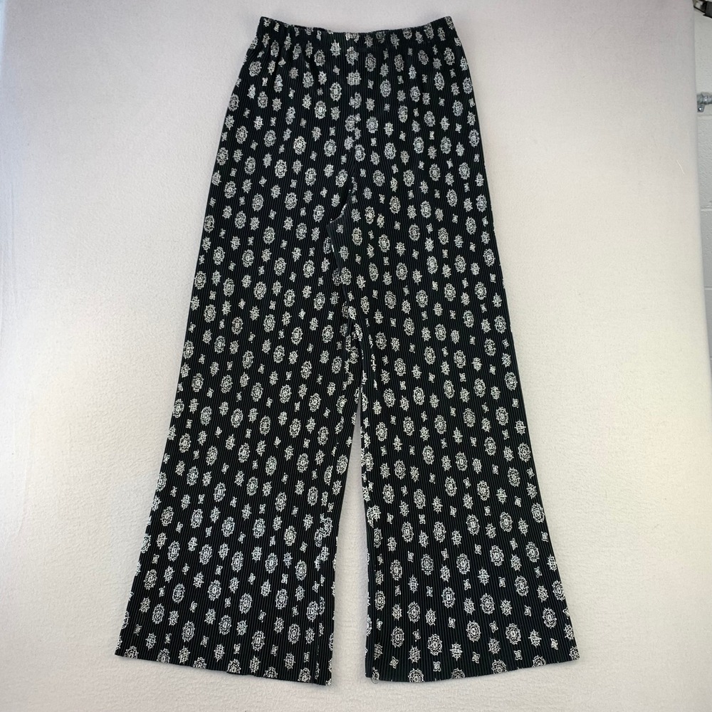 VTG COIN Medallion Pleated Pants Women L Black White Wide Leg Elastic Waist